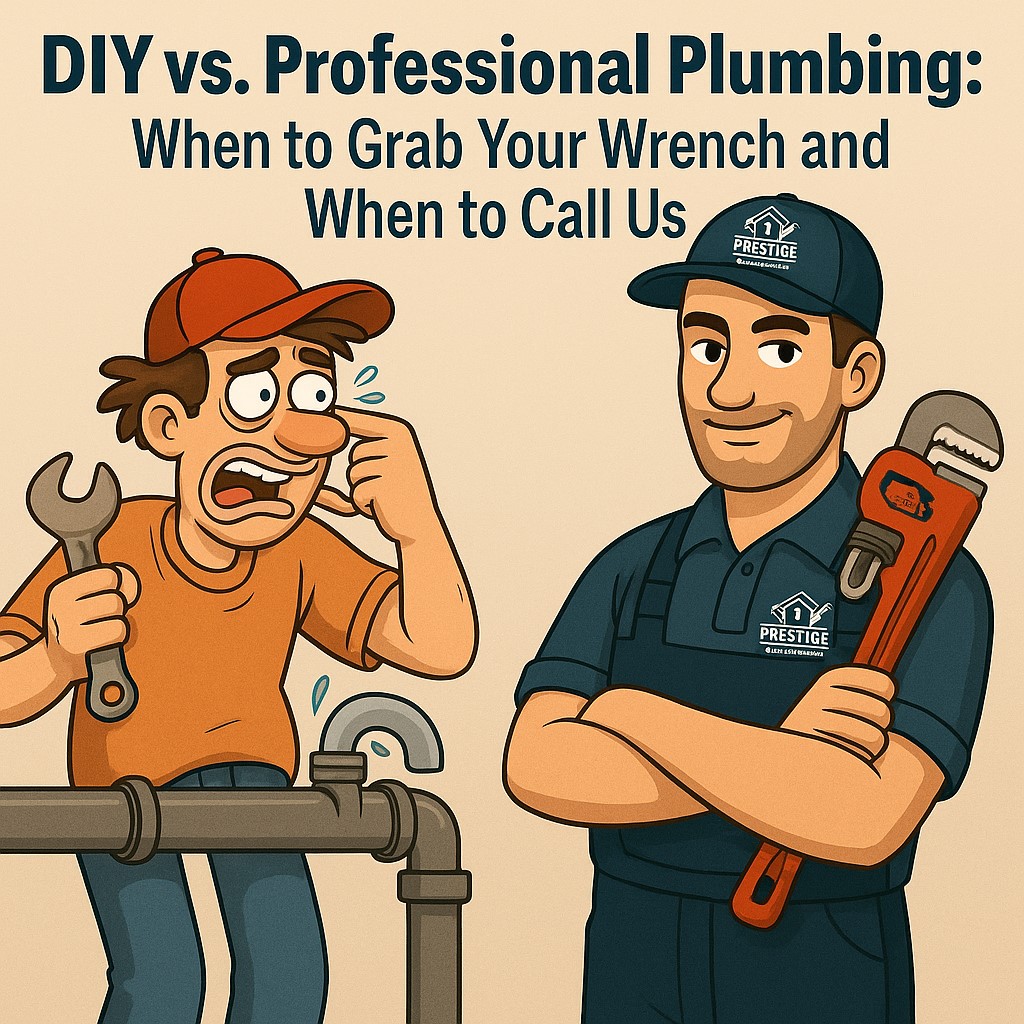DIY vs professional plumbing illustration featuring a Prestige Plumbing & Construction technician assisting a homeowner – expert plumbing services in Weatherford TX.