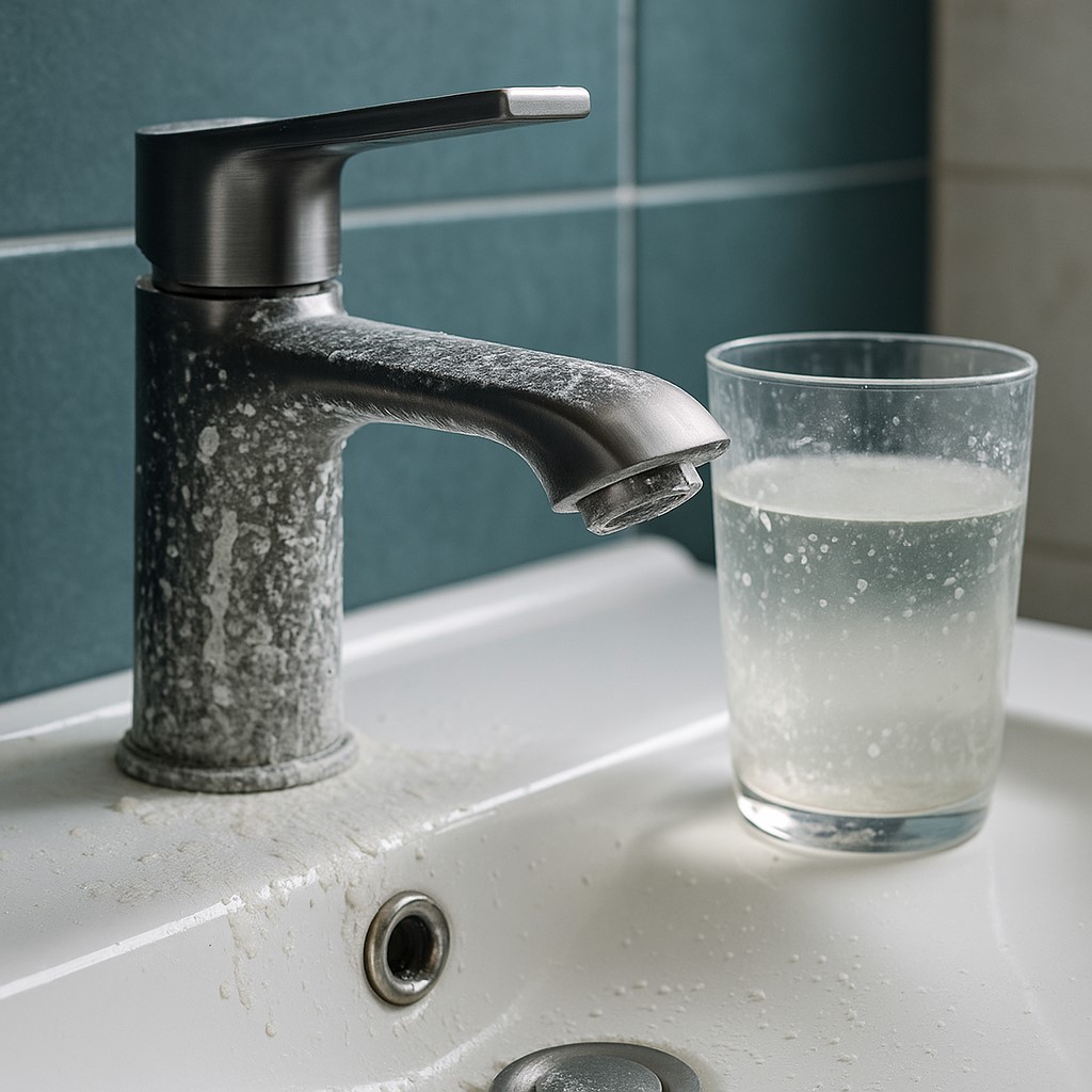 Hard water buildup on bathroom faucet and cloudy tap water showing limescale damage before professional water treatment services.