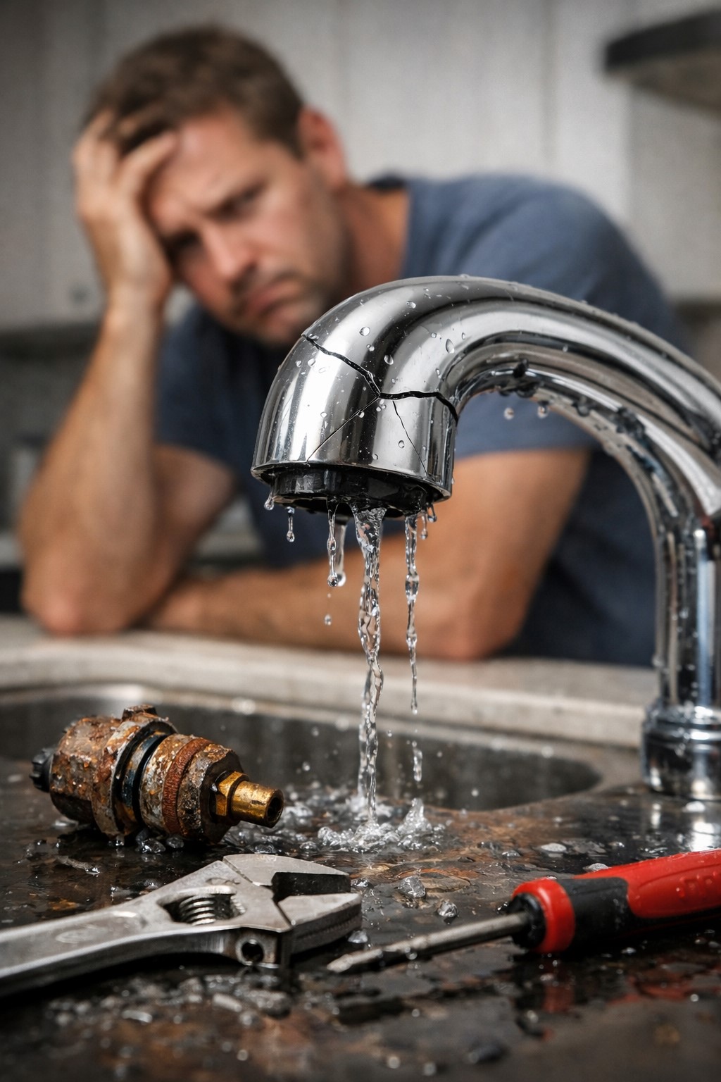 Leaking kitchen faucet after failed installation, professional faucet repair by Prestige Plumbing in Weatherford, TX