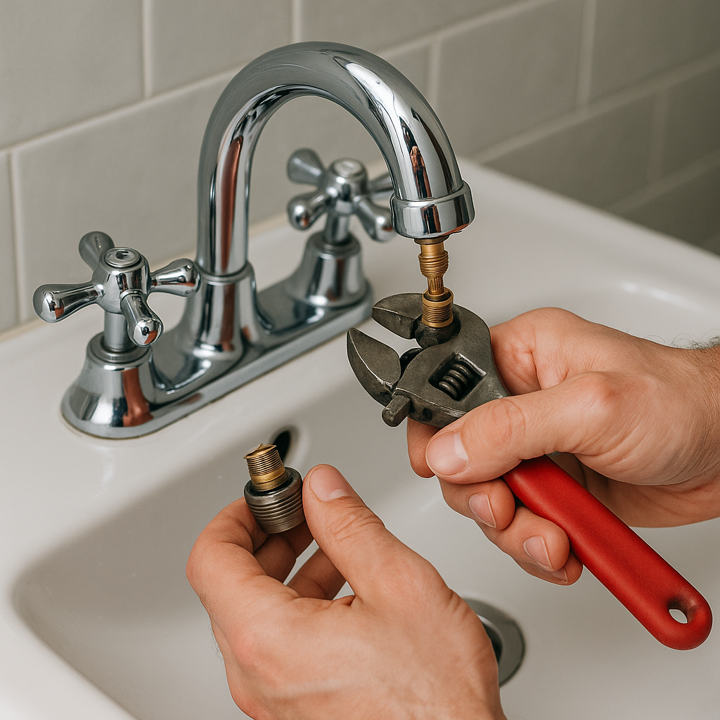Prestige Plumbing & Construction Weatherford TX technician performing faucet repair by replacing a worn faucet cartridge with a wrench at a bathroom sink.