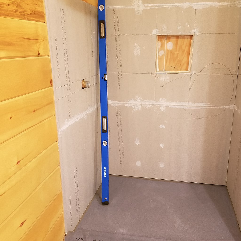 Bathroom shower remodel in progress with wall prep and plumbing layout by Prestige Plumbing & Construction in Weatherford, TX