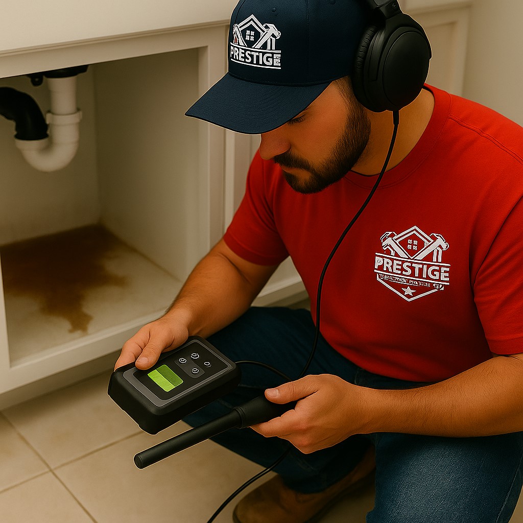 Prestige Plumbing technician performing professional leak detection in Weatherford, TX using advanced equipment.