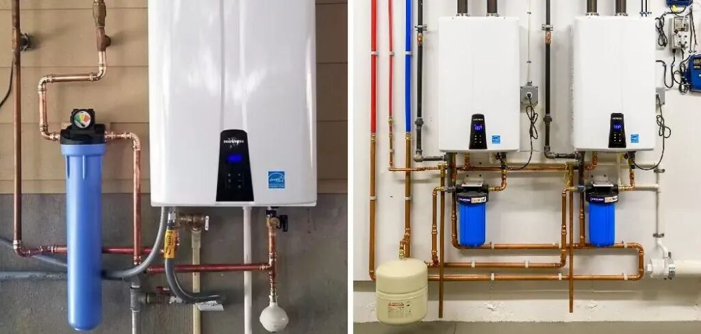 Professional tankless water heater installation in Weatherford TX showing high-efficiency units with updated plumbing and filtration systems.